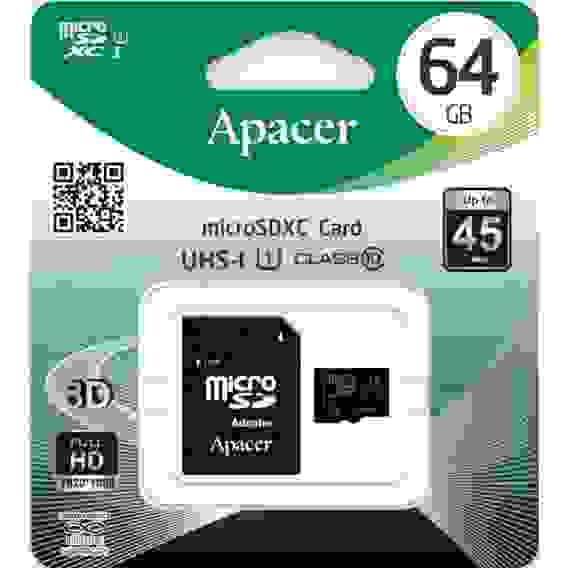 Карта памяти Apacer microSDHC 64GB Apacer Memory Card AP64GMCSX10U1-R UHS-I U1 Class 10, Adapter, (898883) Retail