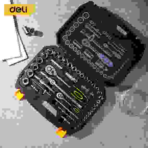 Набор торцевых головок и ключей 44 предмета Deli DL1044 1/2"+1/4", сталь Cr-V, комплектация: торцевые головки (1/4"4-14мм, 1/2" 8-32мм), 10 удлинительных/соединительных стержней, трещотки 1/4"и 1/2" 45 зубьев, пластиковый кейс