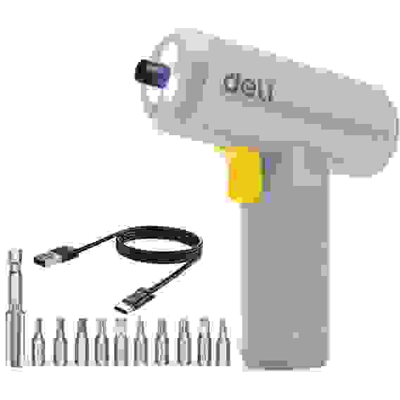 Отвертка аккумуляторная Deli DL-DP04-E3B1 (3,6В, 1,5А*ч, 5Нм, 250 об/мин, набор бит 10 шт + удлинитель, Type-C, картон)