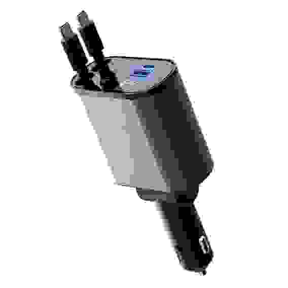 Автомобильная зарядка в прикуриватель SmartiNext 4в1, 2 кабеля Type-C, черный АPC-XH-X11 Встроенные кабели с автоскруткой: Type-C: 2 шт., длина кабелей: 80 см, Дисплей: Да, Порты 2 USB : Type-C, Type-A, Корпус: Алюминиевый, Быстрая зарядка: Да, PD: 20 Вт